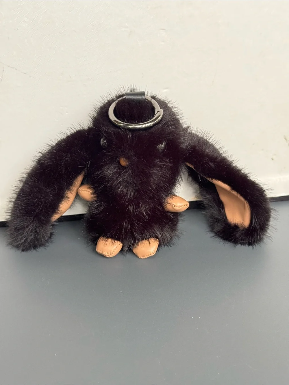 NIP Black Fluffy Bunny Keychain Bag Charm Faux Fur Lop Ear